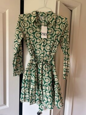 Zara Green & Cream Geometric Long-Sleeve Shirt Dress